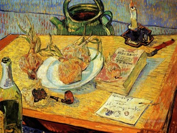 Naturaleza muerta con tablero de dibujo, pipa, cebollas y lacre Vincent van Gogh Pinturas al óleo